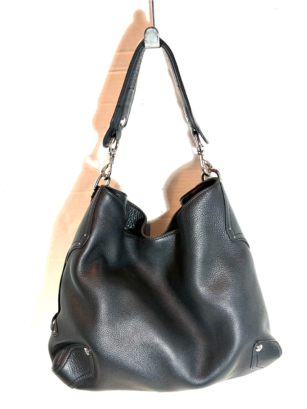 Cole Haan Black Pebbled Leather Hobo Handbag Short Shoulder Strap Silver HW